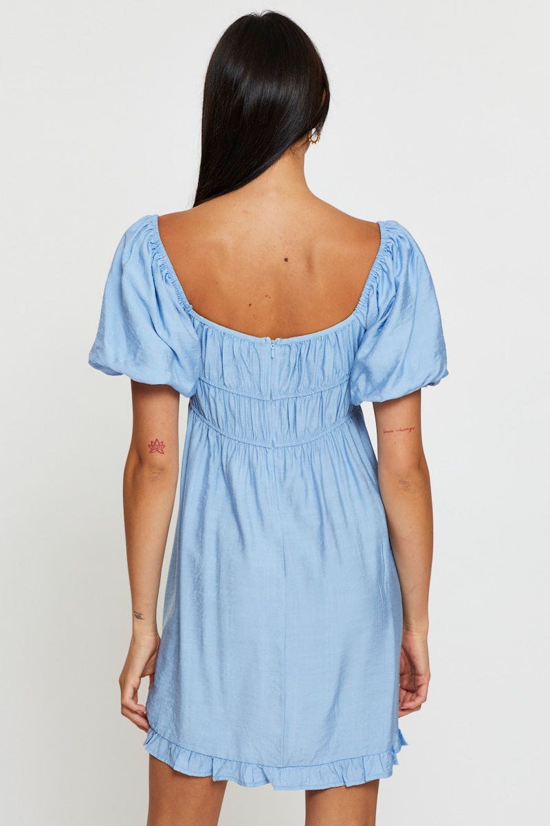 Blue Mini Dress Short Sleeve Evening
