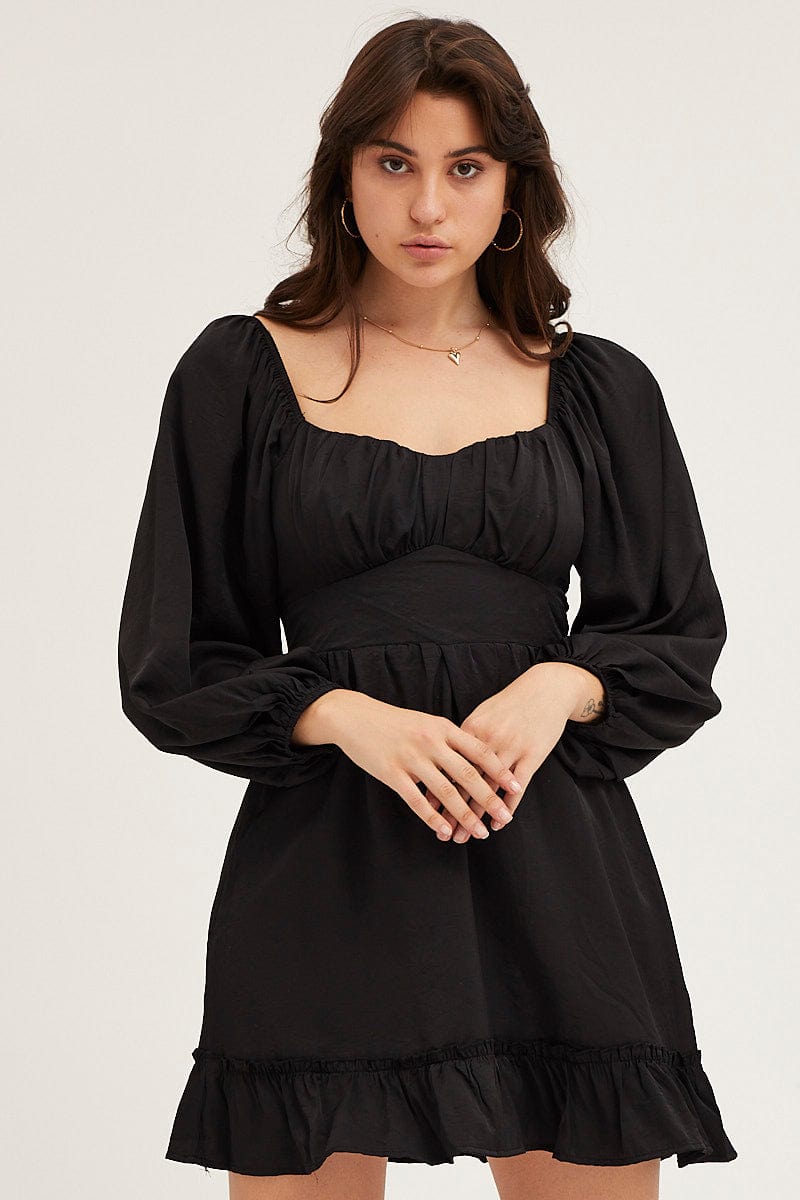 Black Long Sleeve A-Line Mini Dress