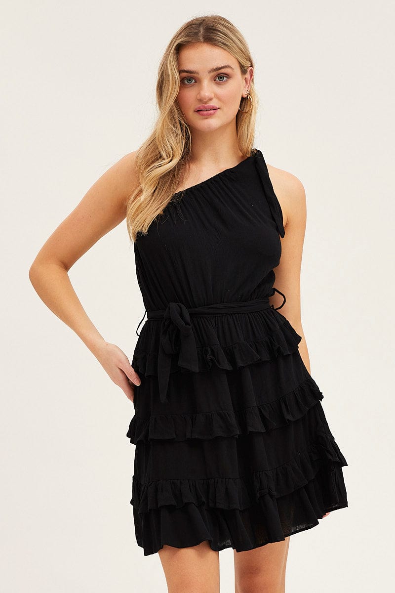 Black Mini Dress One Shoulder Sleeveless