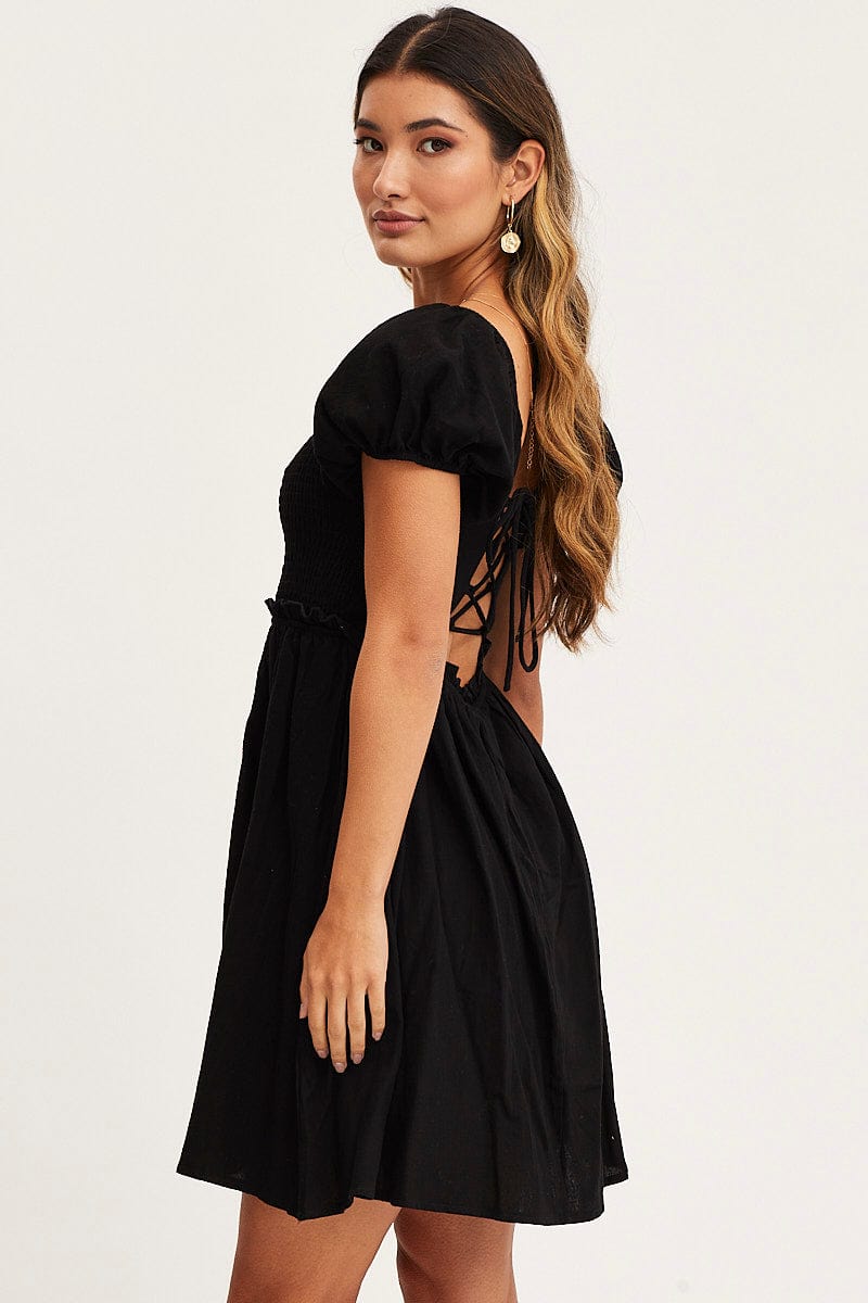 Black Mini Dress Short Sleeve Square Neck