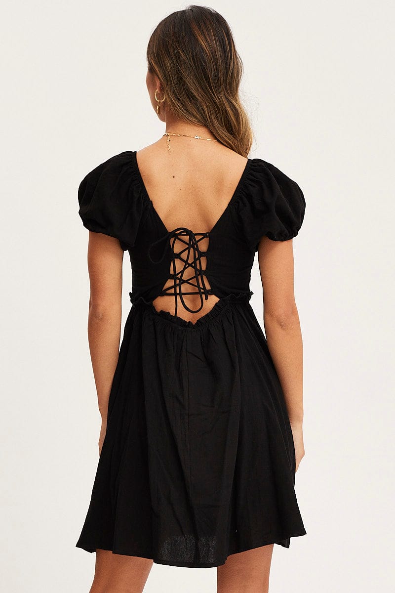 Black Mini Dress Short Sleeve Square Neck