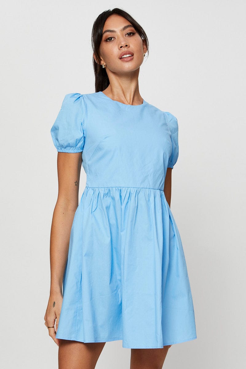 Blue Mini Dress Short Sleeve Round Neck