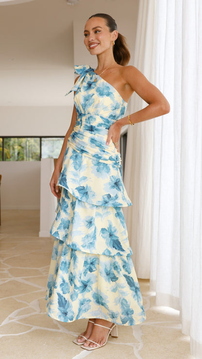 Odilie One Shoulder Maxi Dress - Yellow/Blue Floral