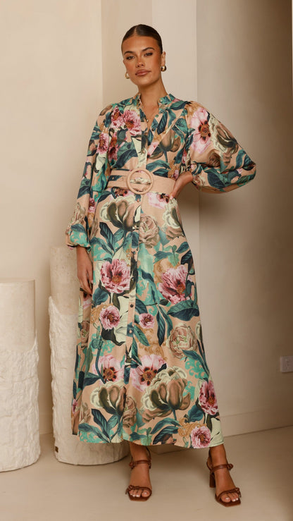 Veronica Button Down Maxi Dress - Mocha Rose Donatella