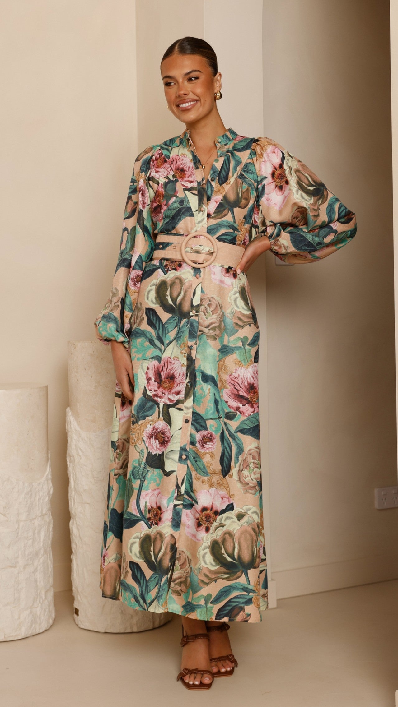 Veronica Button Down Maxi Dress - Mocha Rose Donatella