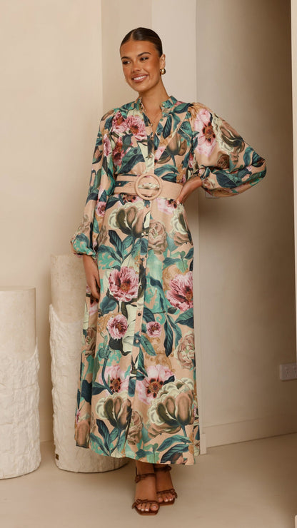 Veronica Button Down Maxi Dress - Mocha Rose Donatella