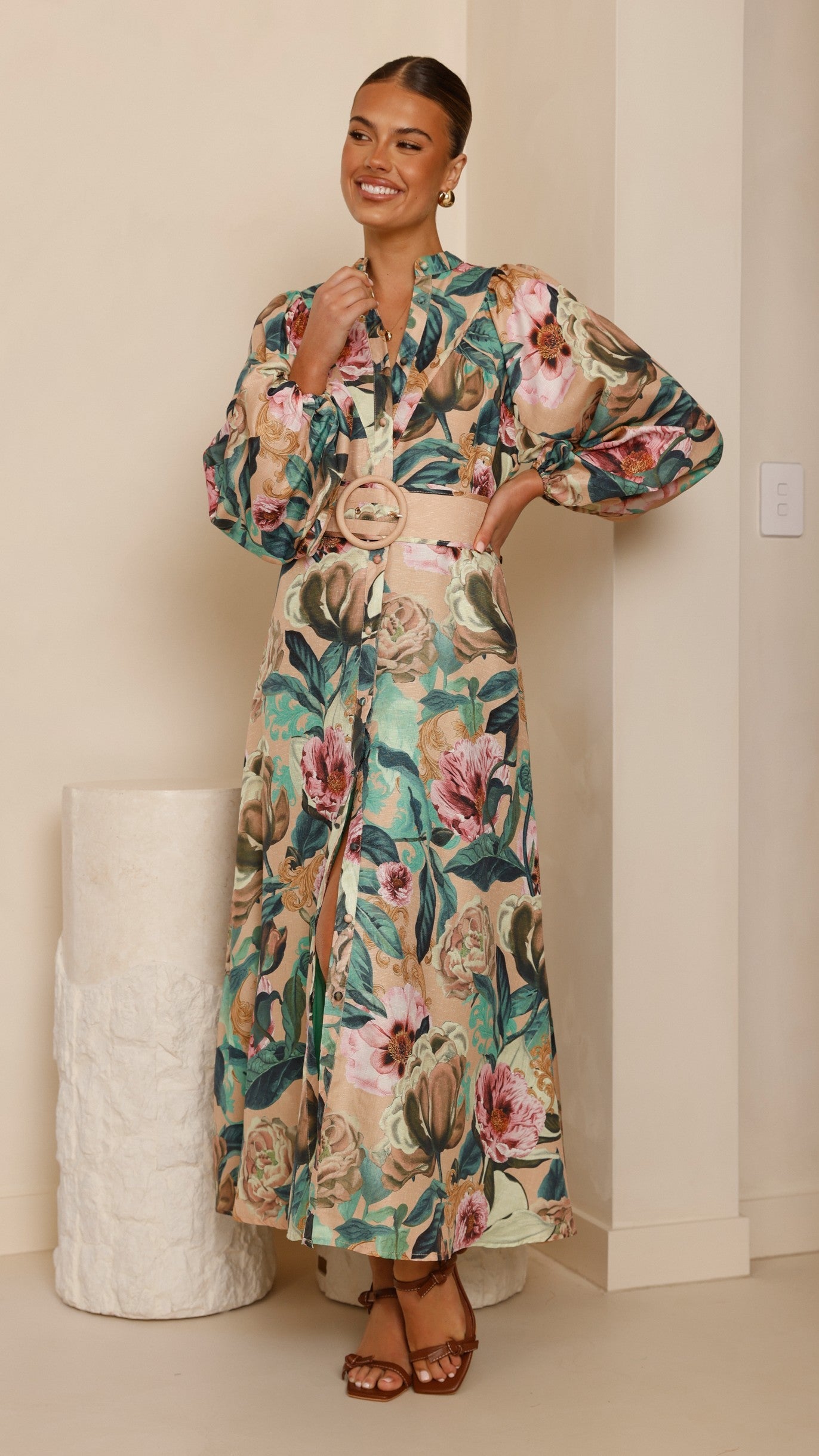 Veronica Button Down Maxi Dress - Mocha Rose Donatella