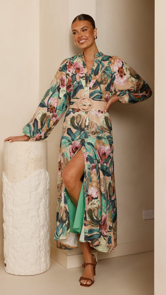 Veronica Button Down Maxi Dress - Mocha Rose Donatella