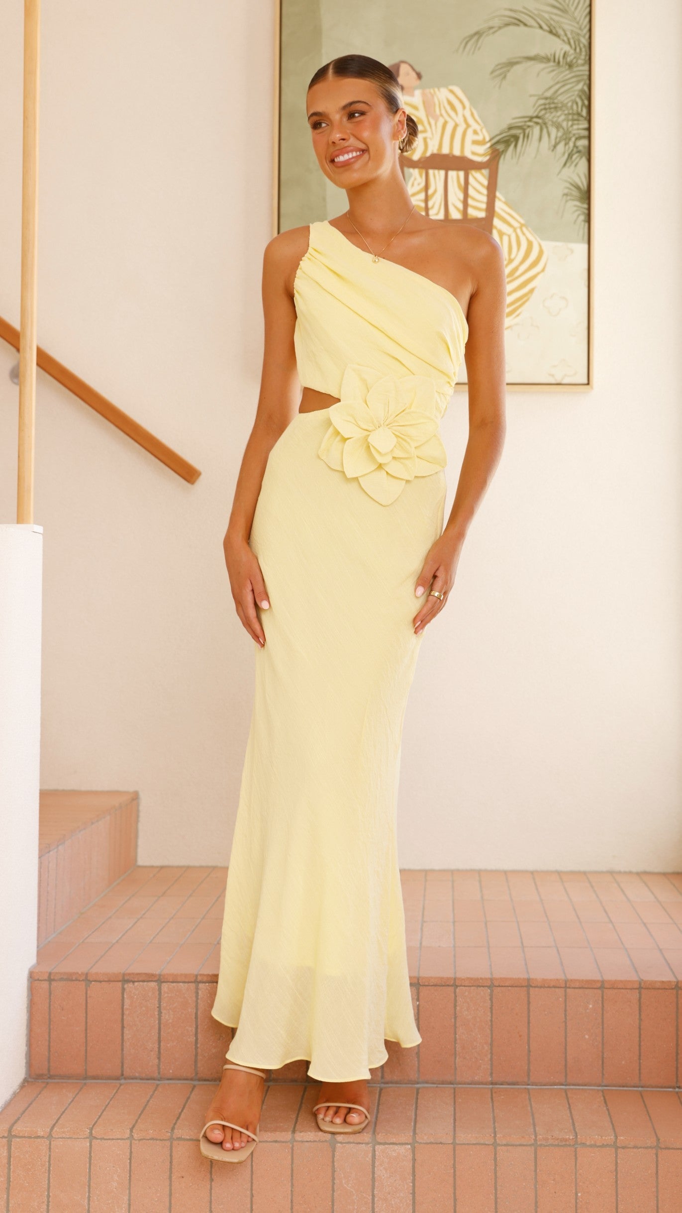Bloom One Shoulder Cut Out Maxi Dress - Yellow