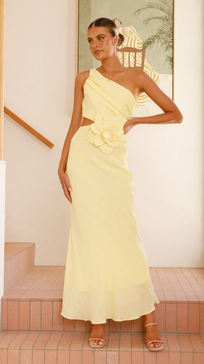 Bloom One Shoulder Cut Out Maxi Dress - Yellow