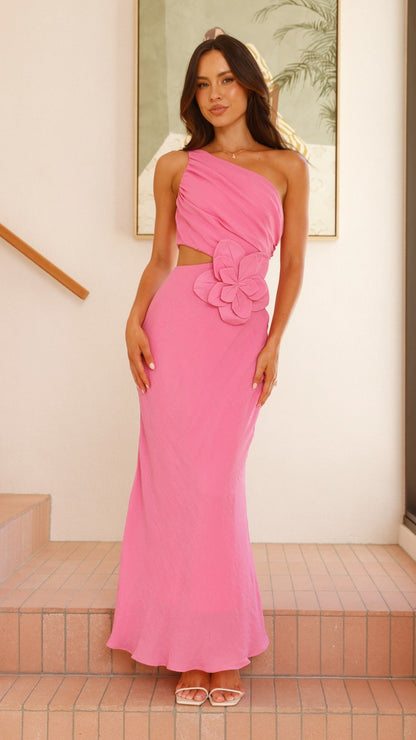 Bloom One Shoulder Cut Out Maxi Dress - Hot Pink