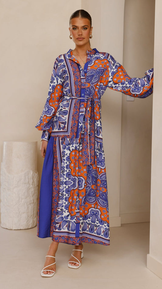 Tasha Maxi Dress - Blue/Orange Print