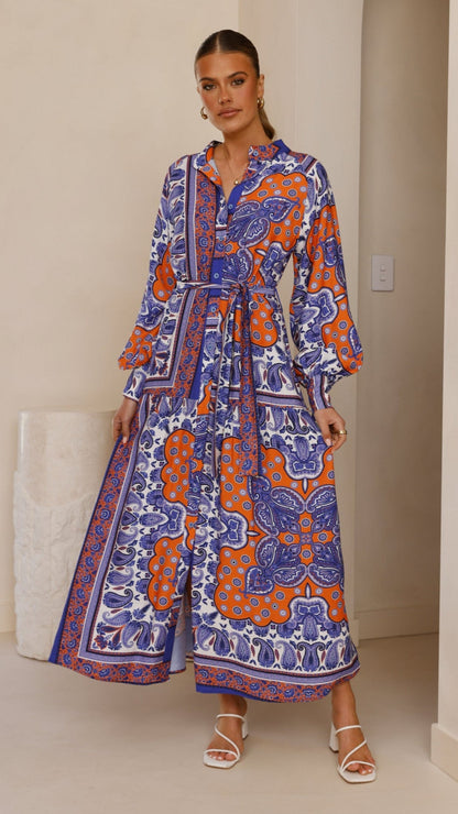 Tasha Maxi Dress - Blue/Orange Print