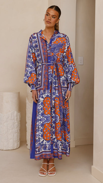 Tasha Maxi Dress - Blue/Orange Print