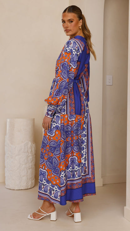 Tasha Maxi Dress - Blue/Orange Print