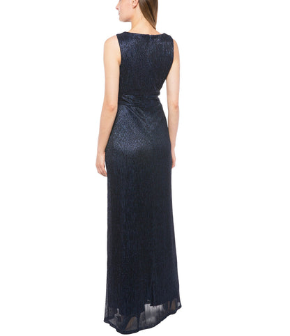 Marina  Long Pleated Metallic Waist Shirring Dress