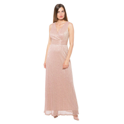 Marina  Long Pleated Metallic Waist Shirring Dress