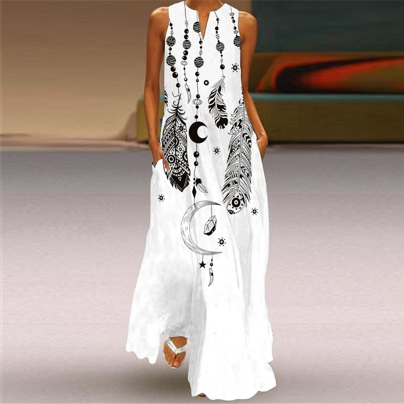 Ladies Spring Summer Long Dress Women Black Sleeveless V-neck Loose Party Dresses Casual Face Print Vintage Beach Dress