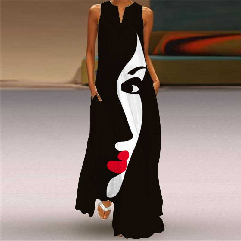 Ladies Spring Summer Long Dress Women Black Sleeveless V-neck Loose Party Dresses Casual Face Print Vintage Beach Dress