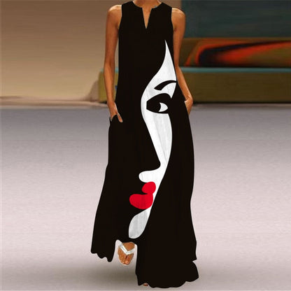 Ladies Spring Summer Long Dress Women Black Sleeveless V-neck Loose Party Dresses Casual Face Print Vintage Beach Dress