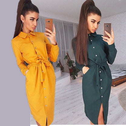 Lady Office Dress Autumn Long Sleeve Shirt Dress Fashion Turn-down Collar Single-breasted Party Dresses Платье  Casual Vestido