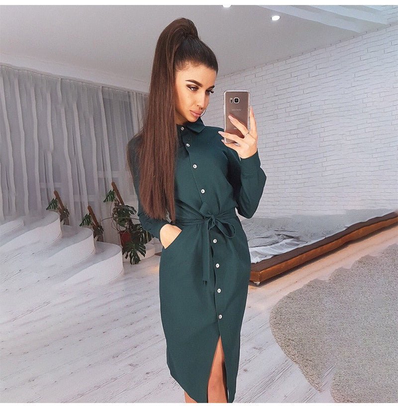 Lady Office Dress Autumn Long Sleeve Shirt Dress Fashion Turn-down Collar Single-breasted Party Dresses Платье  Casual Vestido