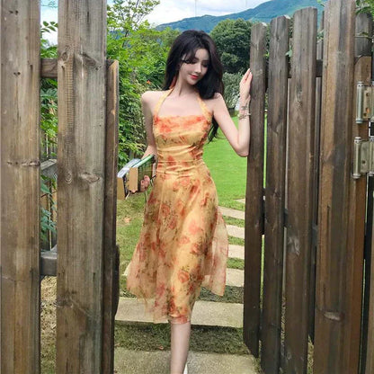 French Vintage Dress Women Elegant Backless Floral Halter Neck Midi Dress Summer Chiffon Holiday Beach Dresses for Women 2024
