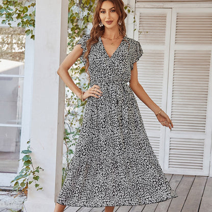 Ladies Vintage Print Chiffon Dress Women Casual Ruffles Long Bohemian Party Beach Summer Dress Women Sundress Female Vestidos