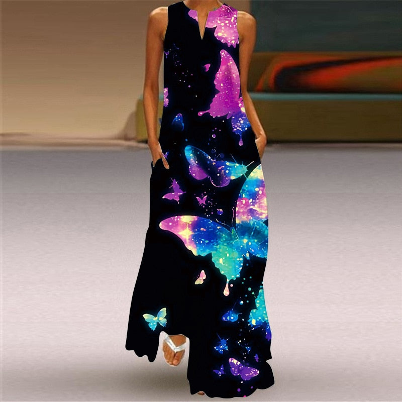 Ladies Spring Summer Long Dress Women Black Sleeveless V-neck Loose Party Dresses Casual Face Print Vintage Beach Dress