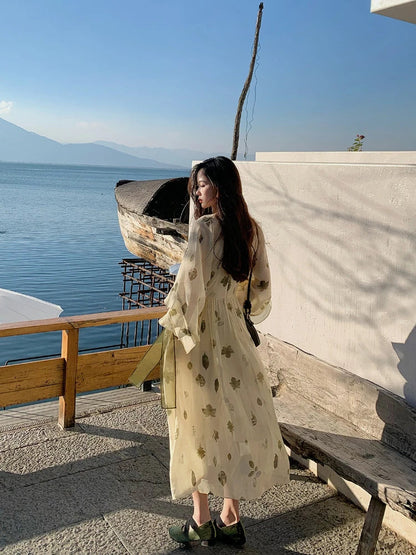 French Vintage Floral Fairy Dress Women Casual Elegant Beach Style Party Dress Chiffon One Piece Dress Korean Women Summer 2024