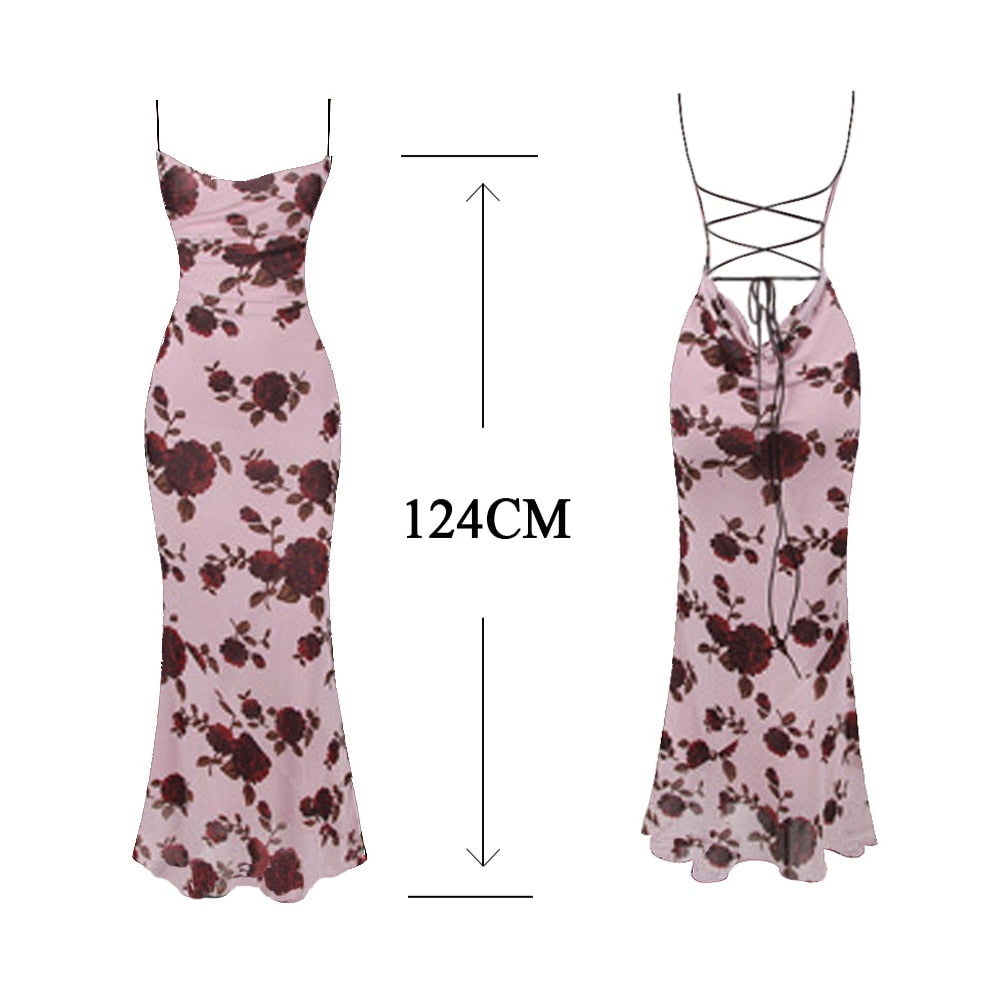 Lace Up Backless Maxi Dress Sexy Mesh Floral Printing Bodycon Holiday Dress Elegant Spaghetti Strap Dress Summer 2023
