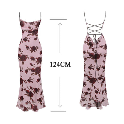 Lace Up Backless Maxi Dress Sexy Mesh Floral Printing Bodycon Holiday Dress Elegant Spaghetti Strap Dress Summer 2023