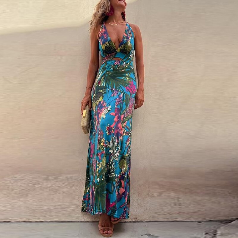 Ladies Sexy Slim Party Dresses Fashion Deep V Strap Big Backless High Waist Print Vacation Beach Dress 2023 New Women's Clothing