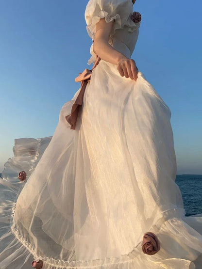 French Elegant Princess White Dress Women Sexy Backless Sweet Vintage Lolita Dress Female 2024 Korean Casual Long Fairy Dresses