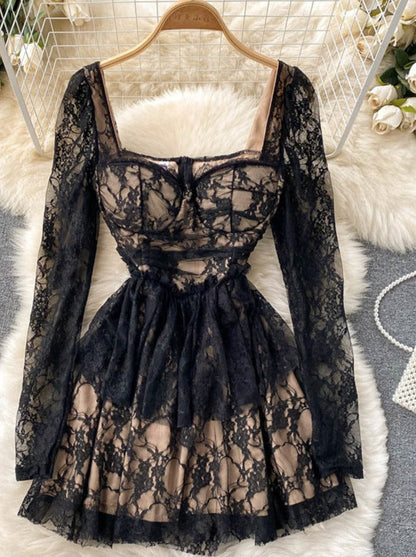 Lace Pleated Dress for Women A Line Square Collar Zipper Long Sleeves Style Sexy Night Club Elegant Party Dresses