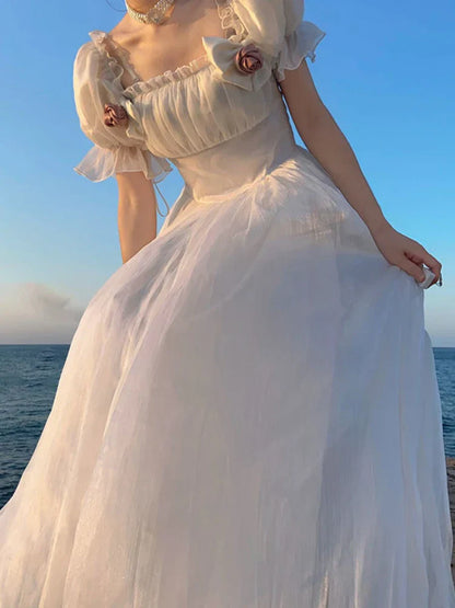 French Elegant Princess White Dress Women Sexy Backless Sweet Vintage Lolita Dress Female 2024 Korean Casual Long Fairy Dresses