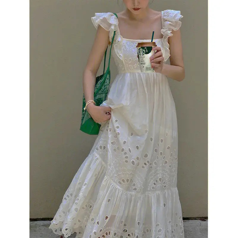 French embroidery, small flying sleeves, square collar, open back, white dress, women's summer, waist and slim A-line long skirt