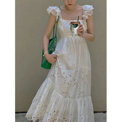 French embroidery, small flying sleeves, square collar, open back, white dress, women's summer, waist and slim A-line long skirt