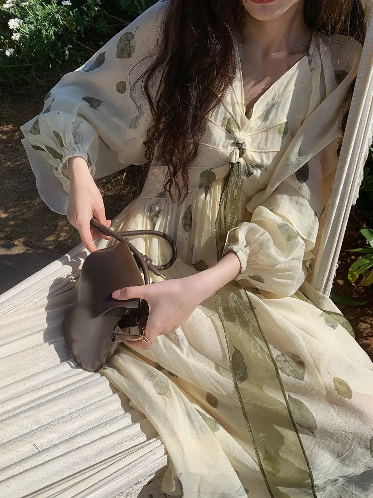 French Vintage Floral Fairy Dress Women Casual Elegant Beach Style Party Dress Chiffon One Piece Dress Korean Women Summer 2024