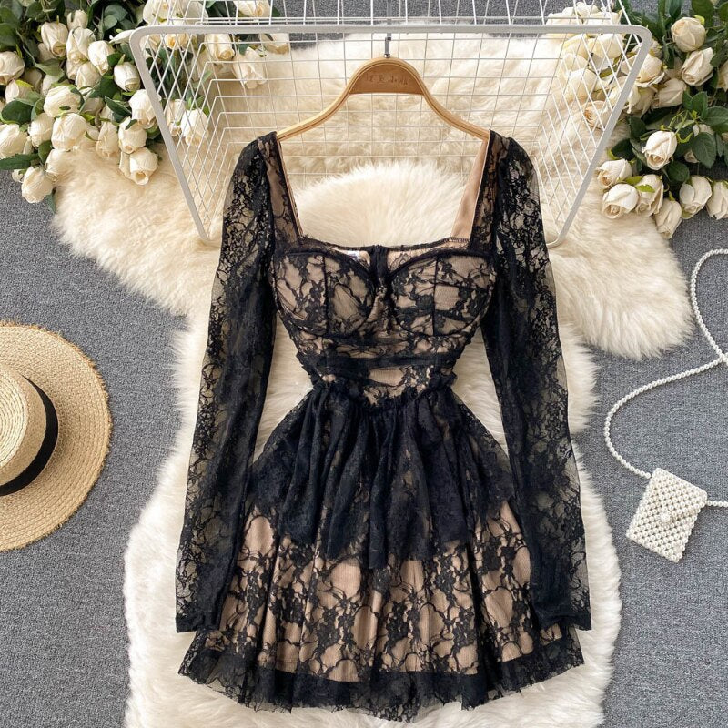 Lace Pleated Dress for Women A Line Square Collar Zipper Long Sleeves Style Sexy Night Club Elegant Party Dresses