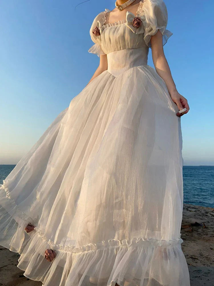 French Elegant Princess White Dress Women Sexy Backless Sweet Vintage Lolita Dress Female 2024 Korean Casual Long Fairy Dresses