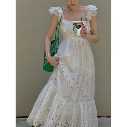 French embroidery, small flying sleeves, square collar, open back, white dress, women's summer, waist and slim A-line long skirt
