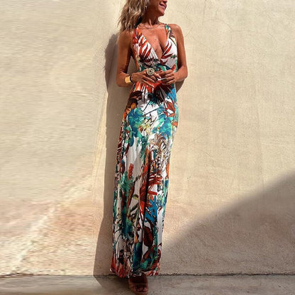 Ladies Sexy Slim Party Dresses Fashion Deep V Strap Big Backless High Waist Print Vacation Beach Dress 2023 New Women's Clothing