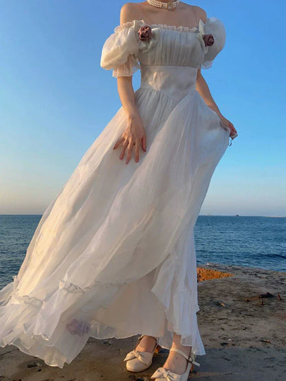 French Elegant Princess White Dress Women Sexy Backless Sweet Vintage Lolita Dress Female 2024 Korean Casual Long Fairy Dresses