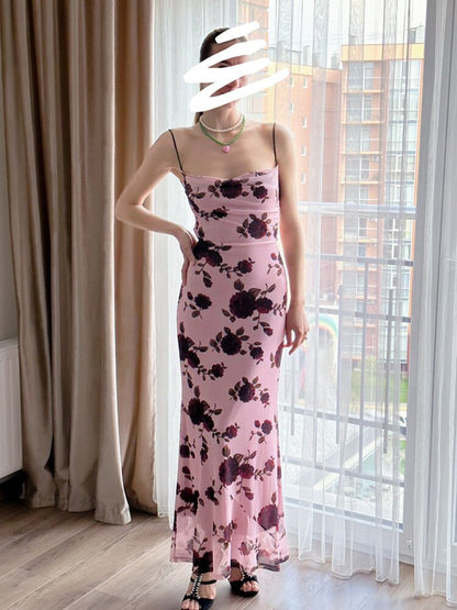 Lace Up Backless Maxi Dress Sexy Mesh Floral Printing Bodycon Holiday Dress Elegant Spaghetti Strap Dress Summer 2023