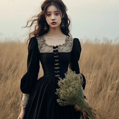 French Hepburn Velvet Black Midi Dress Women Elegant Lace Long Sleeve Dress Sexy Court Retro Evening Party Y2k Dress