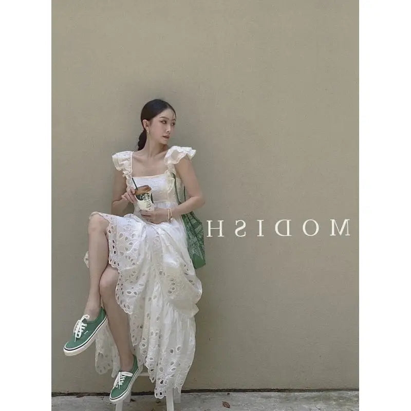 French embroidery, small flying sleeves, square collar, open back, white dress, women's summer, waist and slim A-line long skirt