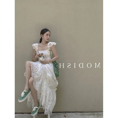 French embroidery, small flying sleeves, square collar, open back, white dress, women's summer, waist and slim A-line long skirt