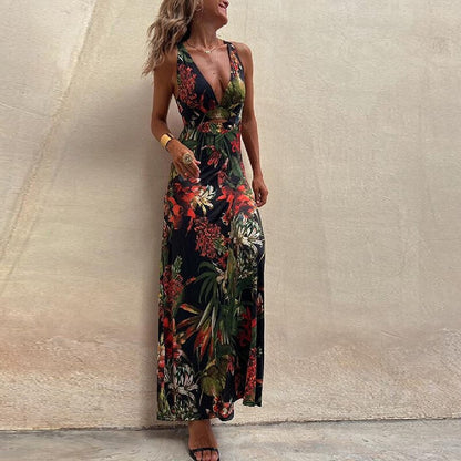 Ladies Sexy Slim Party Dresses Fashion Deep V Strap Big Backless High Waist Print Vacation Beach Dress 2023 New Women's Clothing