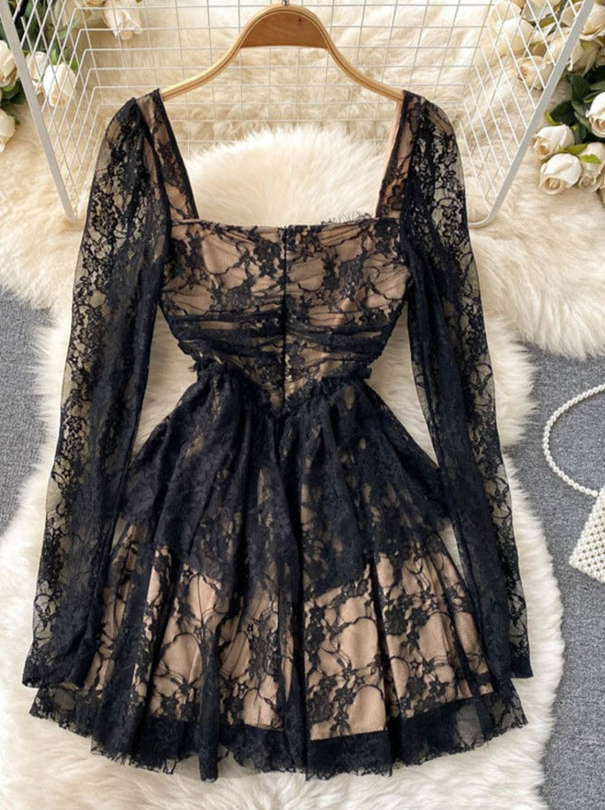Lace Pleated Dress for Women A Line Square Collar Zipper Long Sleeves Style Sexy Night Club Elegant Party Dresses